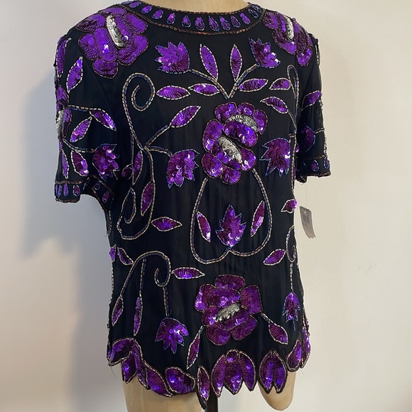 VTG Sequin Floral Top Large Black Purple Evening NWT Maximalist Pappel Glam 80s - Picture 3 of 16
